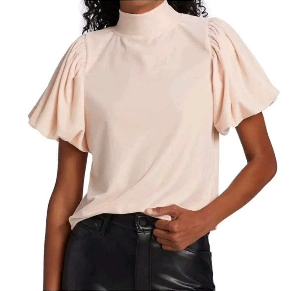 Free People Top Blouse Size M Claudia Velvet Lt Pink Puff Short Sleeve‎ Tee Boho